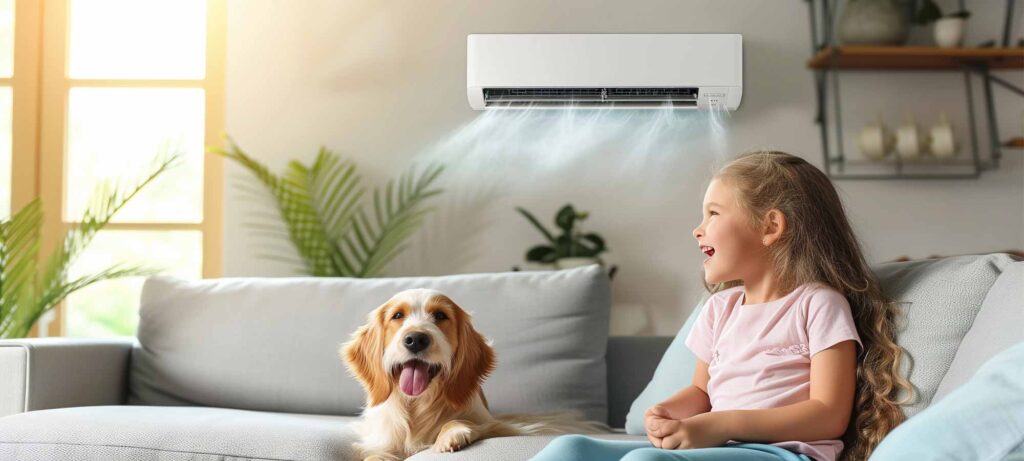 Girl with pet dog under air conditioning unit